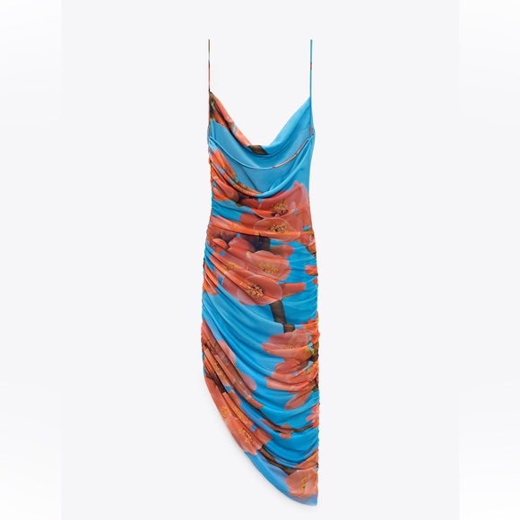 ZARA DRAPED PRINTED TULLE OPEN BACK DRESS SIZE M Blue/Red 5039/203 NWT - Picture 6 of 6